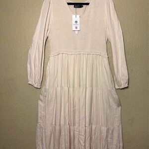 NEW Plus Size Women’s Beige Flowy Ruffled Tiered Midi Dress W/ Pockets
